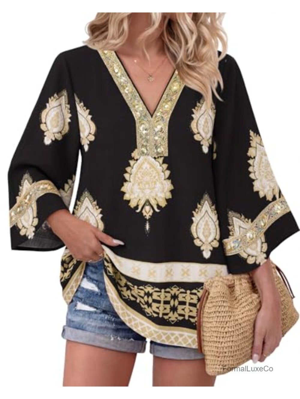 Womens 3/4 Sleeve Embroidered V Neck Boho Blouse Tunic Top Dressy Casual